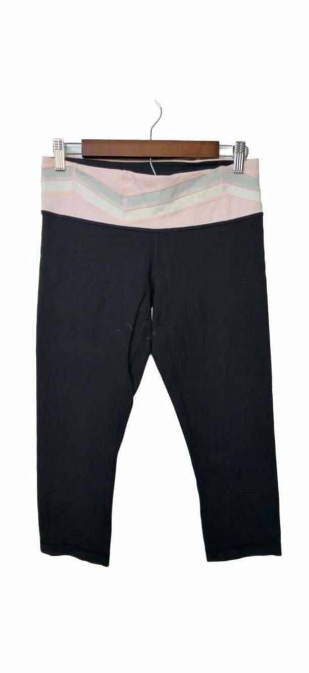 Lululemon Black Crop Leggings with Pink and White Waistband Detail_A106